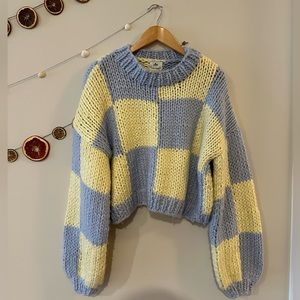 Yellow The Label, size M/L sweater. Chunky yellow/blue sweater.